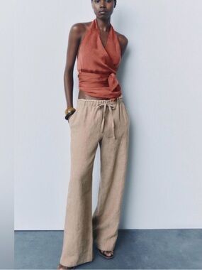 Zara 100% Linen Wide Leg Pants